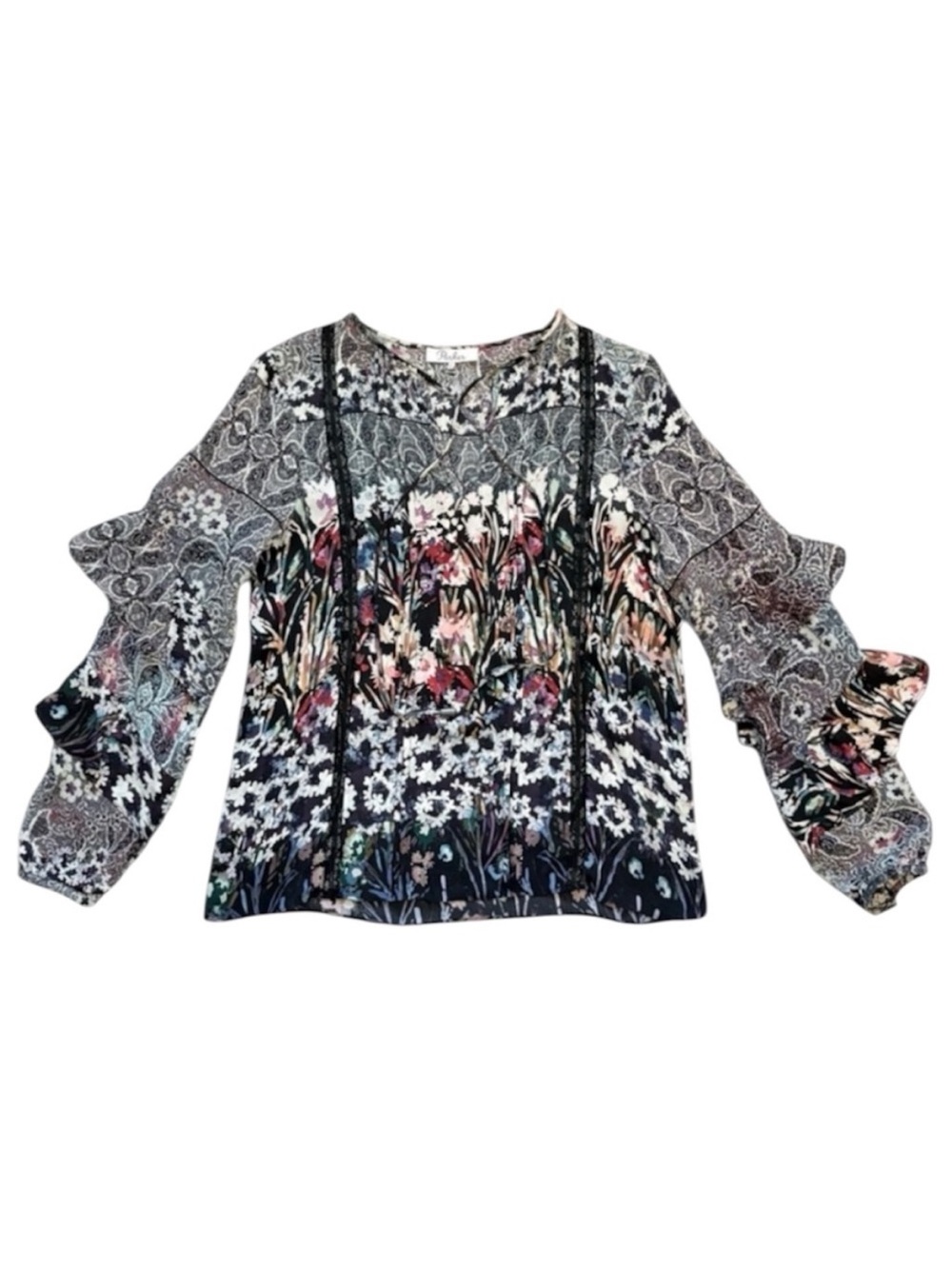 Parker 100% Silk Floral Paisley Long Ruffle Sleeve Boho Blouse Size Medium